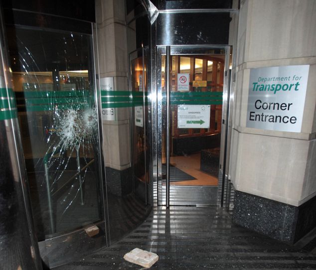 Suffra-jet broken windows at Dept for Transport