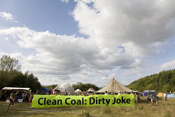 Climate Camp Cymru 'clean coal: dirty joke' banner