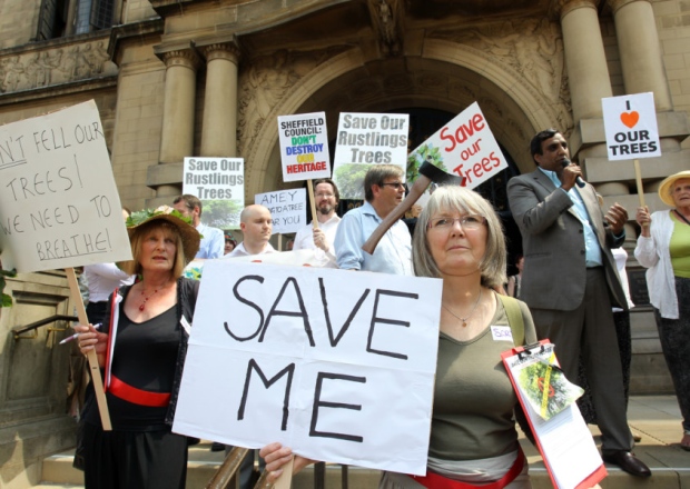 Protestors gathered outside Sheffield Town Hall to protest about the cutting down of Sheffield's trees.