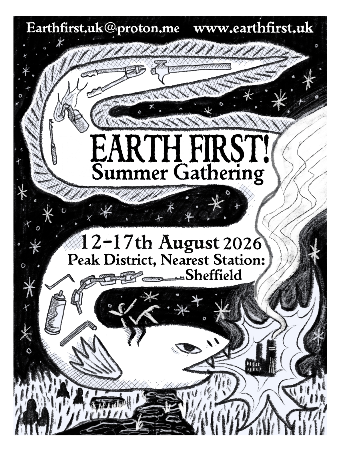 a black and white poster depicting a fire breathing eel burning down industry, their body is adorned with symbols of direct action including spray cans, chains and tools.
