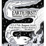 a black and white poster depicting a fire breathing eel burning down industry, their body is adorned with symbols of direct action including spray cans, chains and tools.