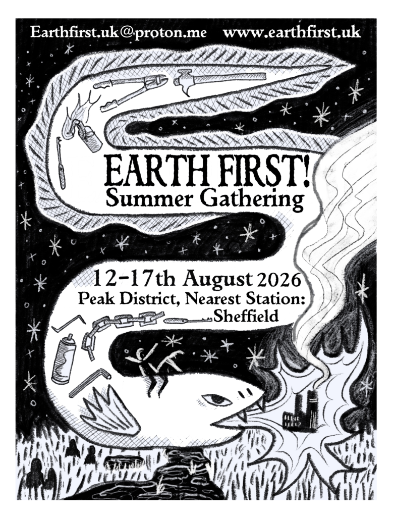 a black and white poster depicting a fire breathing eel burning down industry, their body is adorned with symbols of direct action including spray cans, chains and tools.